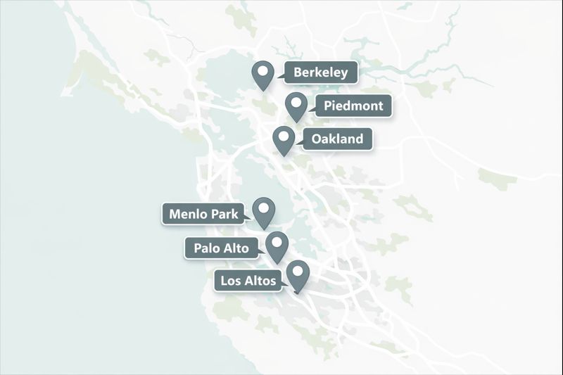 San Francisco Bay Area book pickup locations map showing Palo Alto, Menlo Park, Los Altos, Berkeley, Oakland, and Piedmont
